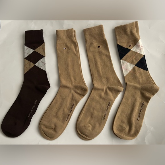 New Tommy Hilfiger 4 Pair Dress Crew Socks Men's One Size Beige Assorted Preppy - Picture 2 of 16